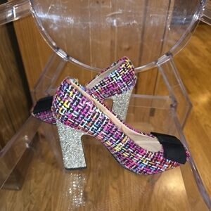J. Crew Colorful Tweed Heels with Glitter Block